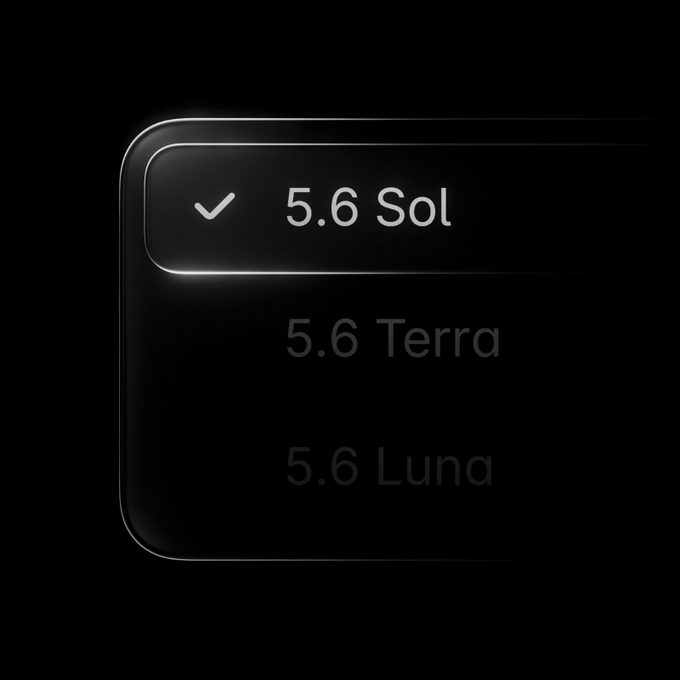 A dark-themed UI element showing a dropdown selector with '5.6 Sol' checked at the top and '5.6 Terra' and '5.6 Luna' listed below as options.