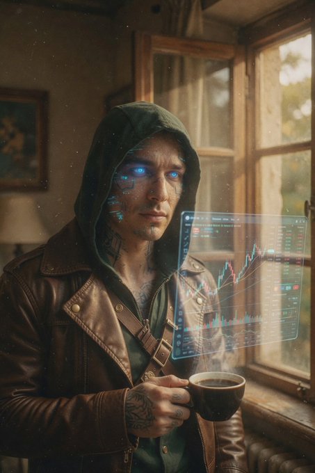 The image shows an adult male wearing a hoodie with goggles, holding a cup of coffee next to a window, and staring directly at the camera while inside his home. The scene appears to be from a post featuring a graphic with multiple elements such as a chart, a candle, and a bird, all related to the concept of investing in stocks or financial matters. This setting creates an atmosphere of intensity and concentration focused on finance or stock trading.