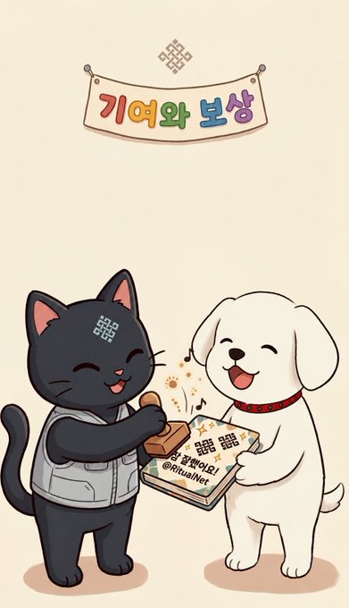 A cute cartoon illustration of a black cat in a vest and a white dog holding a book, with Korean text '기억과 보상' (Memory and Reward) on a banner above and '@ritualnet' written on the book.