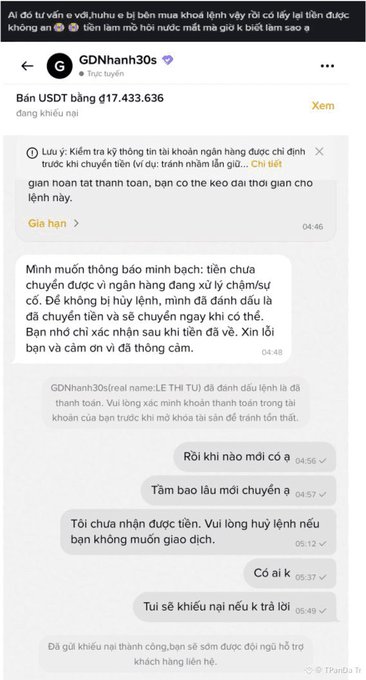 Vietnamese Telegram chat screenshot from 'GDNhanh30s' about a USDT bank transaction of ₫17,433,636, showing a customer complaint about a delayed transfer.