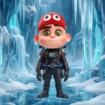 The image features a small, cartoon-like figure wearing a red hat with white eyes standing on ice. The figure appears to be dressed as a scuba diver or an underwater explorer, holding a diving suit and equipped with a wetsuit and a diving mask. The background of the image is filled with blue water, which complements the overall theme of the post. The caption at the bottom of the image reads: "I won these 2 beauties in anAI prompt contest @liminalsworld Thank you for the fun and creative environment 2nd NFT is from @WorldCupNFTs join the world cup fun!".