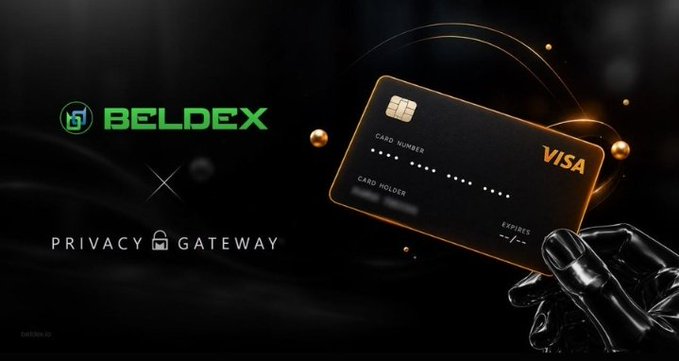 An advertisement for 'BELDEX × PRIVACY GATEWAY' featuring a black Visa credit card with a metallic robotic hand holding it, emphasizing the privacy-focused cryptocurrency's payment card offering.