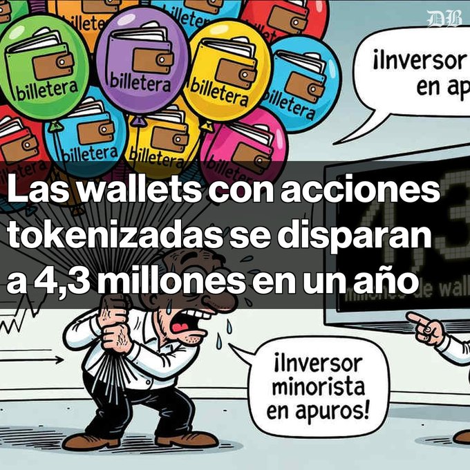 A Spanish-language cartoon illustration titled 'Las wallets con acciones tokenizadas se disparan a 4,3 millones en un año,' depicting a sweating man overwhelmed by balloon-like wallets labeled 'billetera' while speech bubbles read '¡Inversor en ap...' and '¡Inversor minorista en apuros!'.