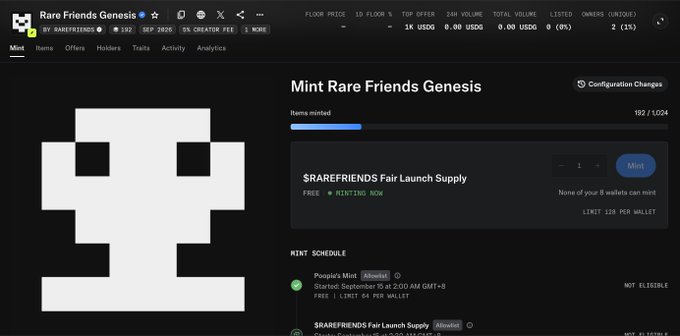 The image shows a mint page for "Rare Friends Genesis," a 1,024 supply NFT collection created by Doodles co-founder poopie, with 192 items already minted and a free mint option for the $RAREFRIENDS Fair Launch Supply, though the user is not eligible (limit 120 per wallet). The post discusses looking at secondary market plays rather than minting directly, given the lack of whitelist access.