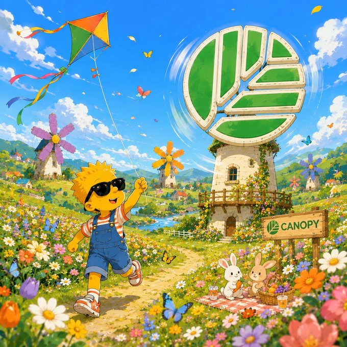 A vibrant cartoon illustration of a child wearing sunglasses and overalls flying a kite in a flower-filled meadow, with a windmill topped by a green 'CANOPY' logo, bunnies having a picnic, and a 'CANOPY' sign in the foreground.
