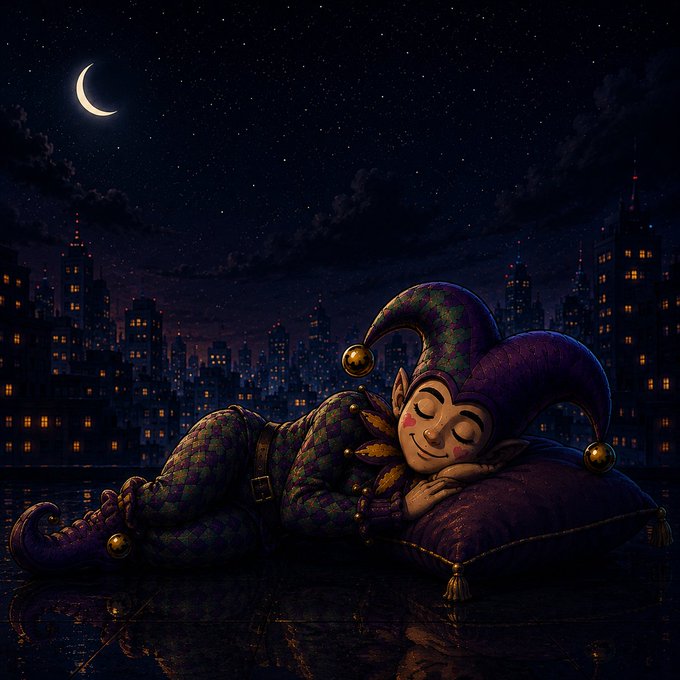 A digital illustration of a jester peacefully sleeping on a purple pillow against a nighttime cityscape backdrop with a crescent moon and starry sky.