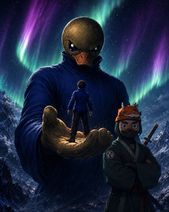 A fantasy illustration showing a small figure standing on the palm of a giant duck-like creature under an aurora borealis, with another fox-masked character holding a sword in the foreground.