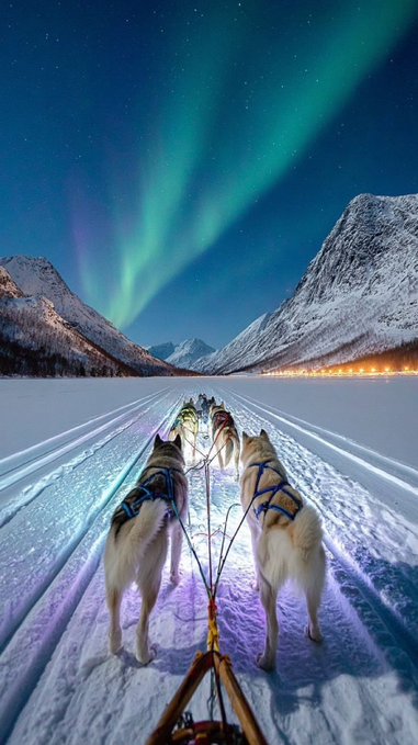 A dog sled team pulls a sled across a snowy landscape at night, illuminated by green northern lights under a starry sky.