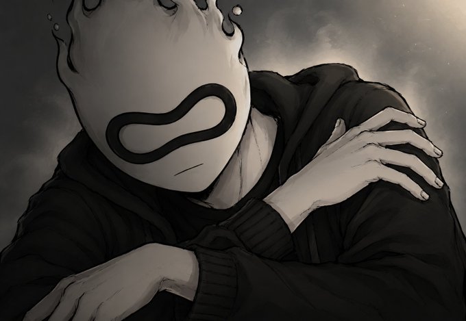 A hooded figure wearing a smooth white mask with a black infinity-symbol mouth sits with arms crossed against a dark, cloudy sky. The masked anonymity visually reinforces the post's theme of gossip-protocol node networks, where identities stay hidden as data ripples from one source to the next.
