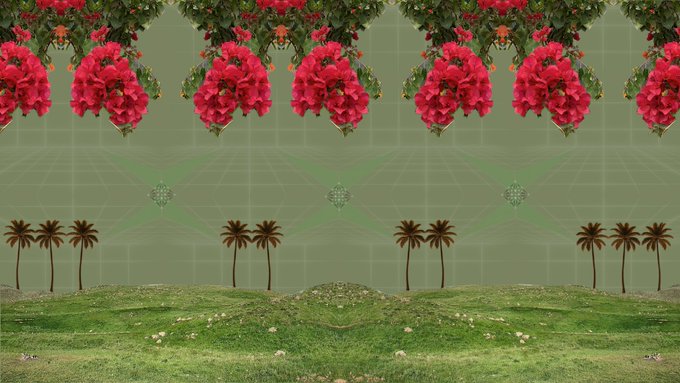 A symmetrical mirrored landscape features red bougainvillea flowers hanging from above, palm trees in the middle distance, and a green grassy foreground with small flowers against a sage green background.