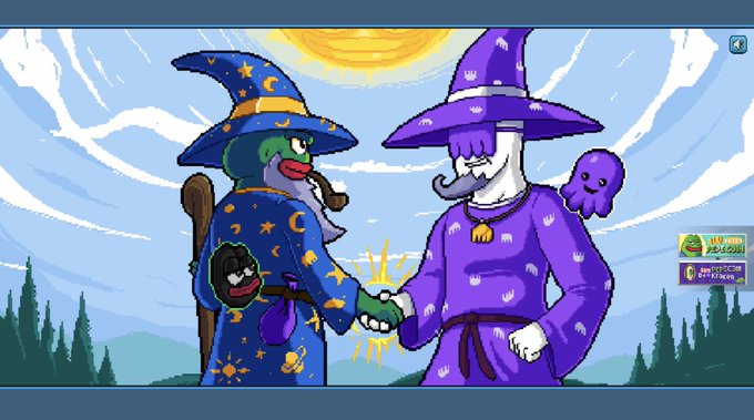 A cartoon illustration depicts two wizards—one resembling Pepe the Frog in blue wizard robes with celestial patterns, and another purple wizard with a tentacled face—shaking hands under a sun, with StealthMiner and Cakepool Bitcoin mining promotional buttons visible.