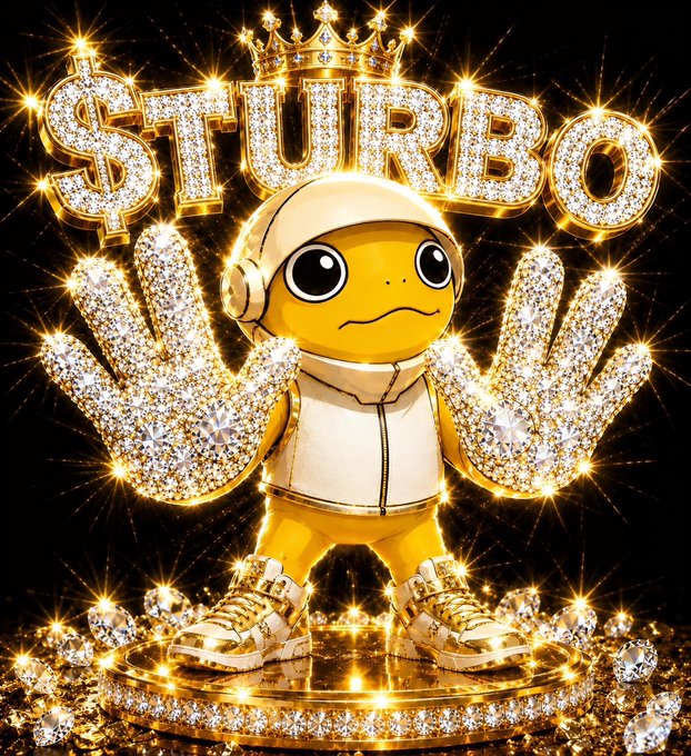 A flashy graphic featuring a yellow cartoon character with diamond-studded gloves wearing a crown above the sparkly text '$TURBO'.