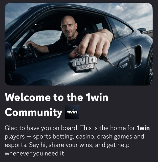A bald man sits in a sports car holding out a 1win keychain toward the camera, beneath the welcome message "Welcome to the 1win Community" introducing their Discord for sports betting, casino, crash games, and esports players. The image reinforces the post's highlight of the 1win Discord as an exclusive, community-driven hub for active members.