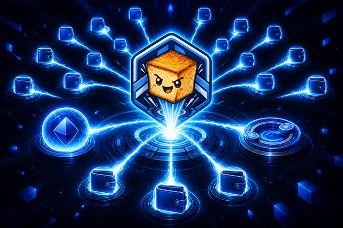 A digital illustration featuring a kawaii-style smiling cube character inside a hexagonal emblem, radiating bright blue energy beams that connect to several glowing blue wallets and cryptocurrency coins (including Ethereum and XRP).