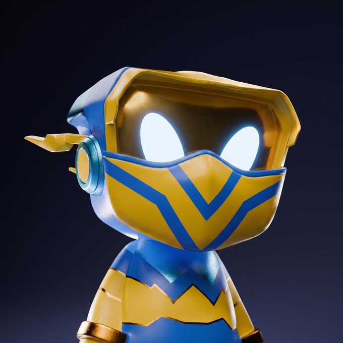 A 3D rendered blue and yellow robot character with glowing white eyes against a dark background.