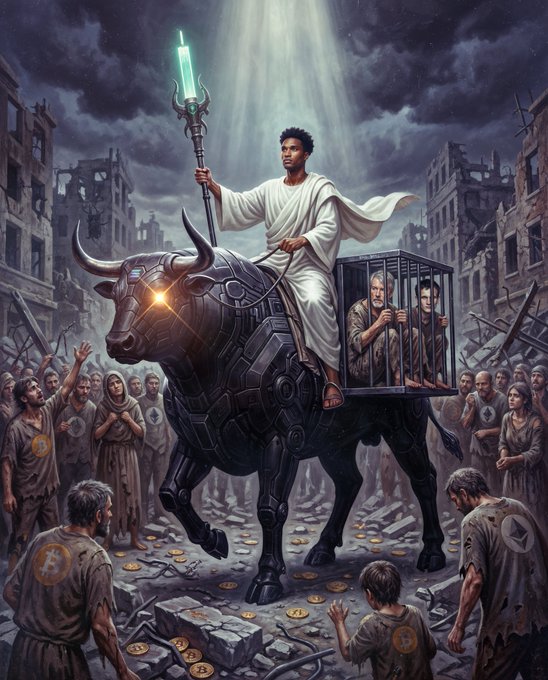 A stylized illustration shows a robed figure riding a mechanical bull holding a glowing green trident, with a cage carrying two prisoners on its back, surrounded by people wearing Bitcoin logo shirts in a ruined cityscape with scattered coins.