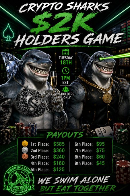 A promotional poster for 'CRYPTO SHARKS $2K HOLDERS GAME' on Tuesday 18th at 1PM EST, holders only, featuring two anthropomorphic sharks and a payout structure with 1st place $585, 2nd place $360, 3rd place $240, 4th place $160, 5th place $125, 6th place $95, 7th place $75, 8th place $60, 9th place $45, with the tagline 'WE SWIM ALONE BUT EAT TOGETHER'.