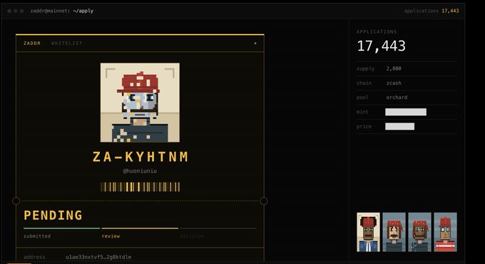 A ZADOR application interface displaying the character name 'ZA-KYHTNM' (@luonluulu) with a pending status, alongside an 'applications: 17,443' counter and Zcash blockchain details.