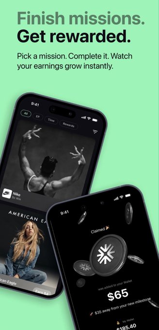 An advertisement with the text 'Finish missions. Get rewarded. Pick a mission. Complete it. Watch your earnings grow instantly.' showing two smartphone screens displaying fitness missions and earnings like '$65' and '$185.40'.