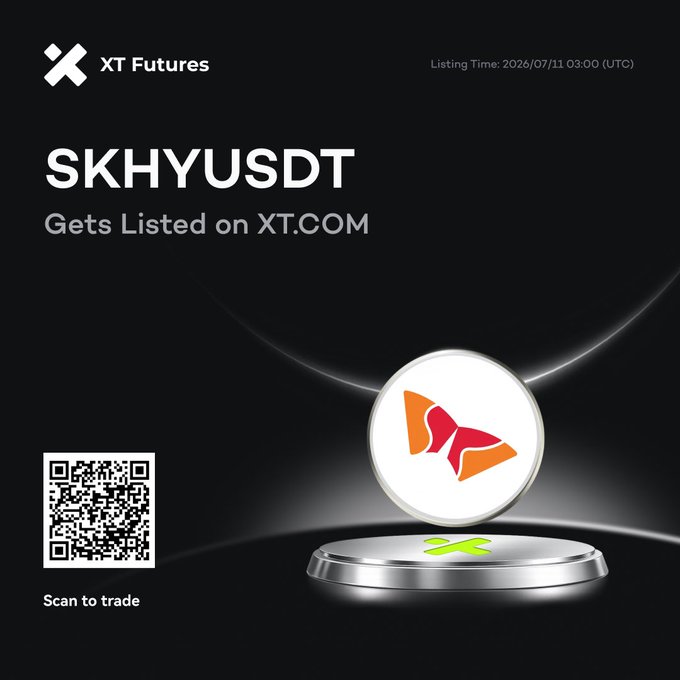 A promotional graphic from XT Futures announcing the listing of the SKHYUSDT perpetual futures contract on July 11, 2026, at 03:00 UTC, featuring the platform's logo, a stylized "X" token illustration, and a QR code for trading access.