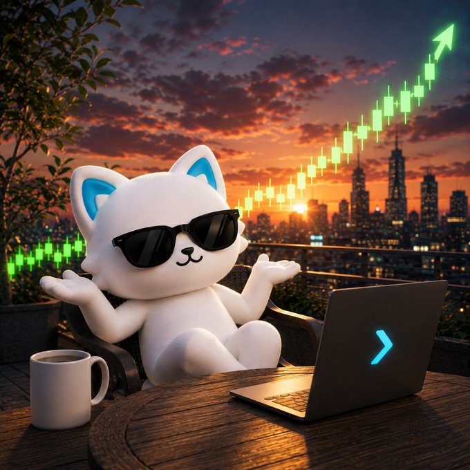 A cool white cat mascot wearing black sunglasses sits relaxed at a rooftop table with a laptop and coffee, while a glowing green candlestick chart arrows upward against a sunset city skyline—visually capturing the "Green days" vibe of bullish market gains.