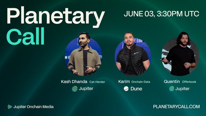 The image features a poster for a Planetary Call event that took place on June 3rd at 3:30 PM. The poster displays three men's faces against a green background, each representing a different speaker or presenter from the call. The text on the poster provides information about the event and the speakers involved.