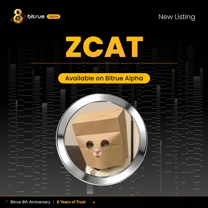 A Bitrue Alpha promotional graphic announcing the new listing of the Solana-based memecoin $ZCAT, featuring a cat wearing a cardboard box mask centered on a dark audio-wave background, with the text "New Listing," "Available on Bitrue Alpha," and "Bitrue 8th Anniversary | 8 Years of Trust" displayed throughout.