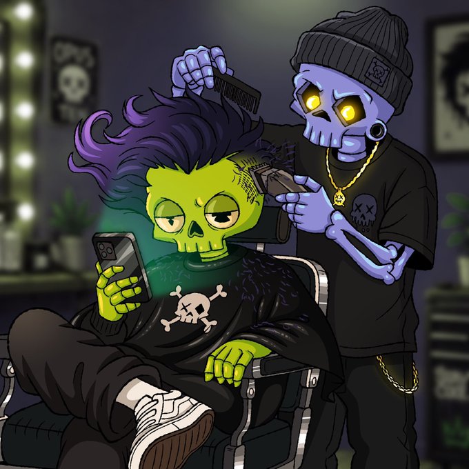 A green zombie-skulled character with purple hair sits in a barber chair getting his hair cut by a blue skeleton wearing a beanie and gold chain, with both characters absorbed in their phones. The skeletal barber is wearing a shirt that reads "XXX XXX," fitting the undead NFT minting theme from the Dead List post.