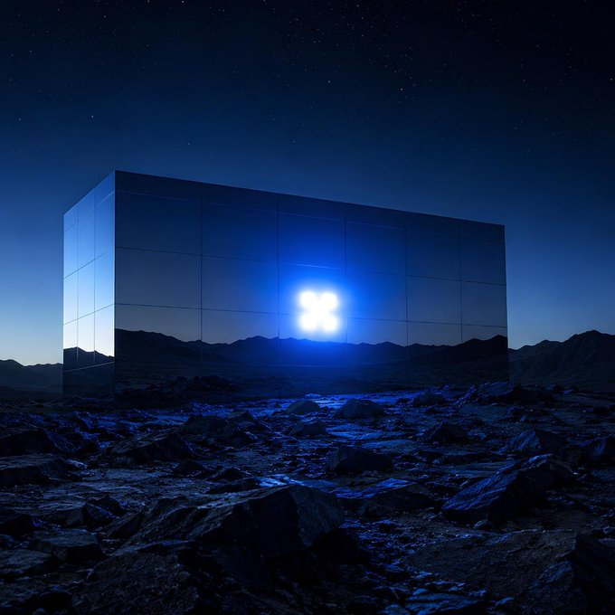 A glowing blue cube marked with the "X" logo sits on a rocky, otherworldly terrain beneath a starry night sky, its mirrored surface reflecting the surrounding landscape. The cryptic "Something new is about to unlock. Stay close." caption hints at an upcoming reveal or product launch tied to the X brand.