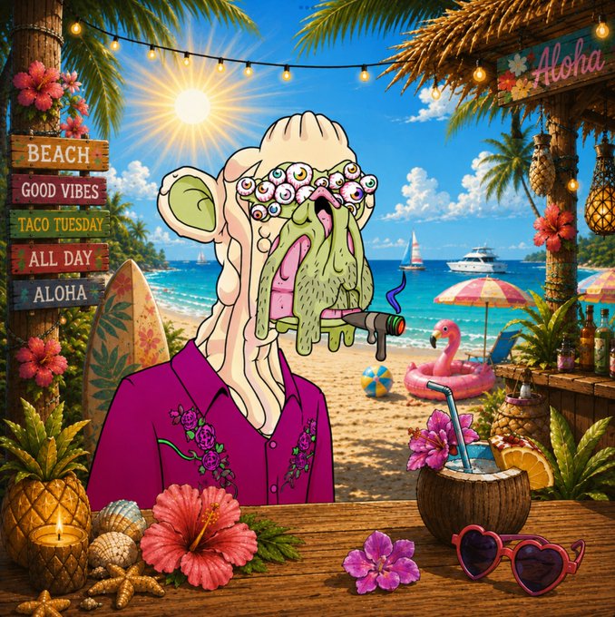A colorful cartoon illustration of a grotesque zombie-like figure with multiple eyes smoking on a tropical beach, surrounded by signs reading "BEACH," "GOOD VIBES," "TACO TUESDAY," "ALL DAY," and "ALOHA," along with beach accessories like pineapples and sunglasses.