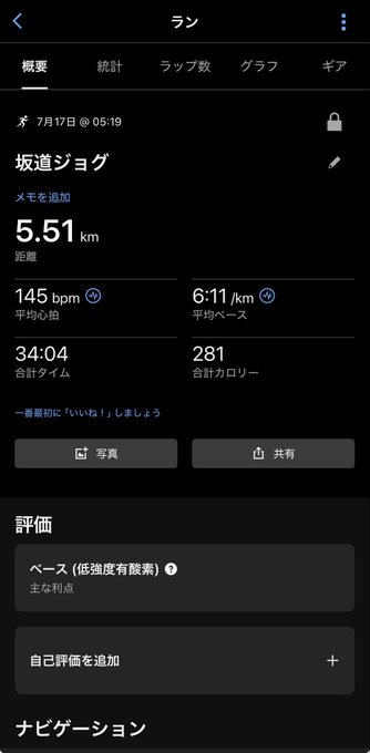 Garmin Connect running activity log showing 坂道ジョグ (hill jog) on July 17 at 05:19, covering 5.51 km with 145 bpm avg heart rate, 6:11/km pace, 34:04 time, and 281 calories.