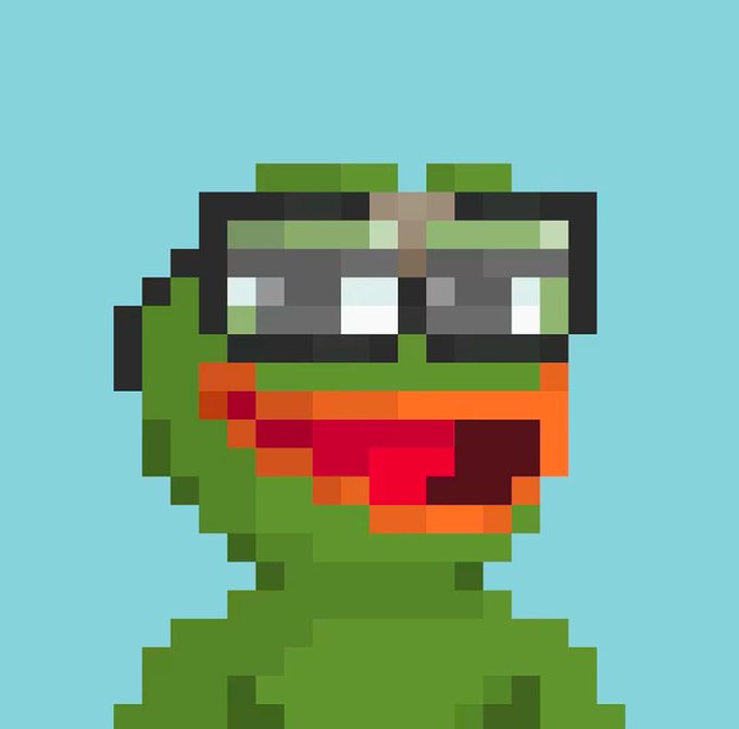 A pixel art Pepe character wearing dark sunglasses and a wide grin on a light blue background, visually representing the meme-themed "PepeNals" staking and rarity reward program.