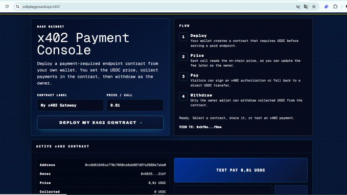A screenshot of the "x402 Payment Console" on Base Mainnet shows a deployed contract labeled "My x402 Gateway" with a price of 0.01 USDC per call, currently with 0 USDC collected and an active wallet address. The interface illustrates the four-step x402 payment flow (Deploy, Price, Pay, Withdraw), visually demonstrating how the Coinbase-developed x402 standard enables paid API endpoints using USDC on the Base blockchain.