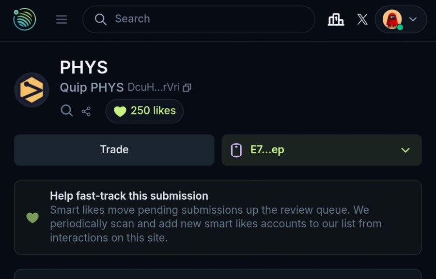 A webpage screenshot showing a token called 'PHYS' (Quip PHYS) with 250 likes, featuring a 'Trade' button and a prompt about smart likes.