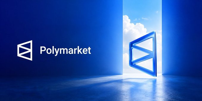 Promotional image showing the 'Polymarket' logo next to an open doorway revealing a blue sky with clouds, symbolizing entry to the platform.