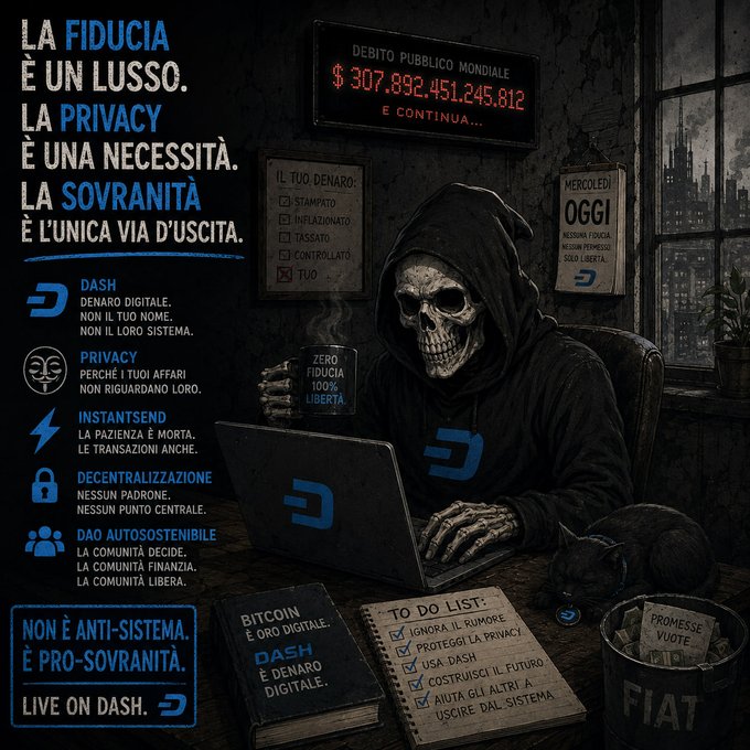 A dark promotional poster in Italian for Dash cryptocurrency features a hooded grim reaper figure using a laptop, with text including 'LA FIDUCIA È UN LUSSO. LA PRIVACY È UNA NECESSITÀ. LA SOVRANITÀ È L'UNICA VIA D'USCITA' and 'LIVE ON DASH.'
