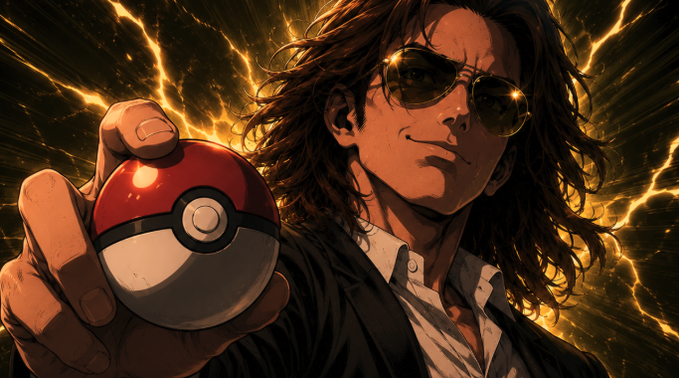 The image features a man with long hair wearing sunglasses, holding a red and white Pokemon ball over his head. The background consists of a dark green color with yellow lightning bolts scattered throughout. The caption reads "Not feeling the Bitcoin or crypto pain right now. Over the last 3 years I slowly rotated almost all of my crypto into Pokemon cards."