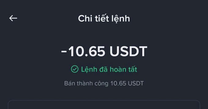 Cryptocurrency transaction confirmation screen showing '-10.65 USDT' with Vietnamese text 'Lệnh đã hoàn tất' (Order completed) and 'Bán thành công 10.65 USDT' (Successfully sold 10.65 USDT).