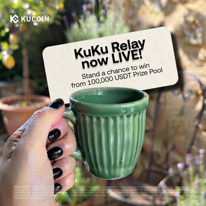 A hand with black nail polish holds a green ceramic mug, with an overlaid text box reading "KuKu Relay now LIVE! Stand a chance to win from 100,000 USDT Prize Pool" alongside the KuCoin logo, promoting the referral campaign offering a $100,000 USDT prize pool for bringing friends to the platform.
