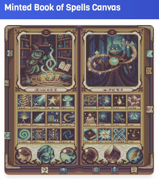 The image features a book with illustrations, titled "Minted Book of Spells Canvas" by @basepaint_xyz. The book has been minted and is available for purchase or download. It contains 24 pages filled with various illustrations related to spells and magical elements. The post also mentions that the Minted Book of Spells canvas can be used as a window, allowing users to view the artwork and potentially purchase it.