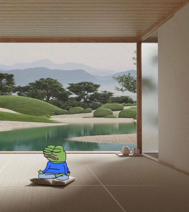 A digitally composed scene featuring a meditating Pepe the Frog character sitting on a cushion in a traditional Japanese tatami room overlooking a serene Japanese garden with a pond and mountains.