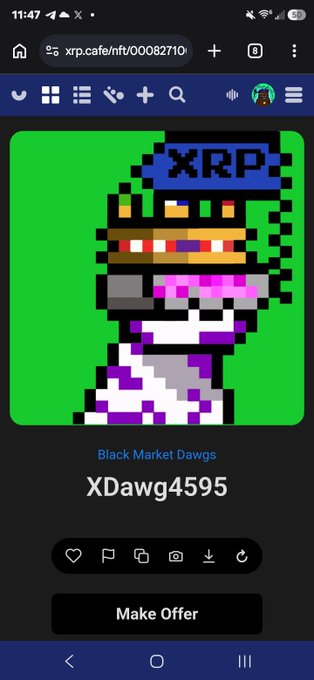 A mobile screenshot of an XRP NFT marketplace page showing a pixel art 'XRP' character NFT titled 'Black Market Dawgs' with the name 'XDawg4595' and a 'Make Offer' button.