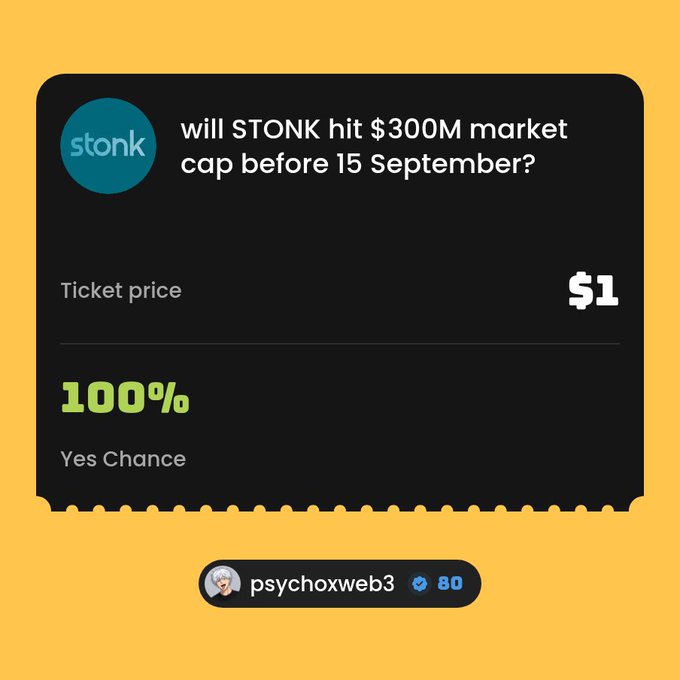 A prediction market card asking 'will STONK hit $300M market cap before 15 September?' with a ticket price of $1 and a 100% Yes Chance, posted by user psychoxweb3.