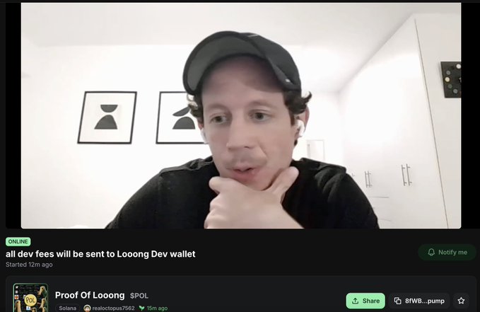 A man in a black cap sits on a "Rugger Camera" livestream with "all dev fees will be sent to Looong Dev wallet" displayed on screen, while the post identifies him as the creator of $POL (Proof of Looong) on pumpfun, who talked bullishly for 15 minutes before rugging the Solana meme coin to zero.
