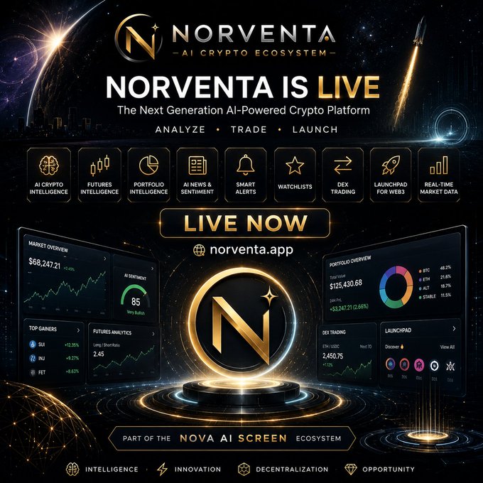 A promotional graphic for 'NORVENTA' advertising 'The Next Generation AI-Powered Crypto Platform' with features like AI Crypto Intelligence, Futures Intelligence, and DEX Trading, displaying market data screens and a large 'N' logo.