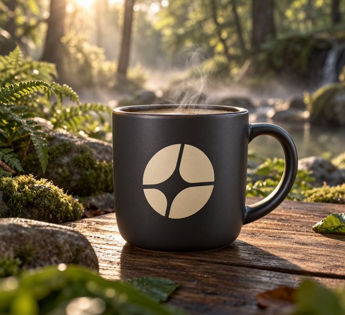 A steaming black coffee mug featuring a minimalist circular logo sits on a mossy log, surrounded by lush ferns and softly sunlit forest scenery. The serene, nature-filled morning scene complements the post's message of pairing coffee with $ASTER for an elevated Monday ritual.
