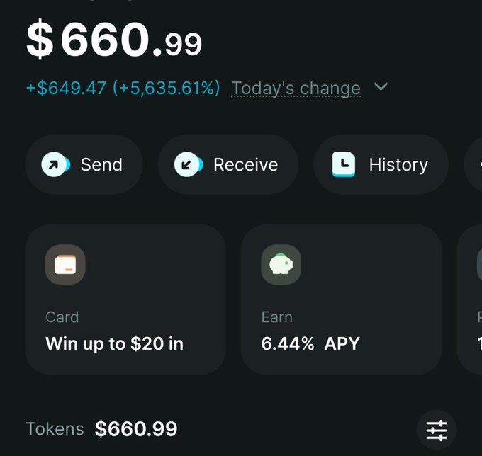 The image shows a crypto wallet displaying a balance of $660.99, up $649.47 (5,635.61%) today, with options to Send, Receive, view History, and access Card or Earn (6.44% APY) features. The post's "Breakfast" reference likely ties to the 6.44% APY yield offering—a modest "breakfast" earnings rate—while the wallet's significant daily gain mirrors the morning boost the user is celebrating.