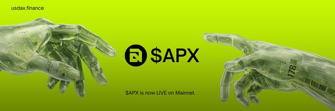 The image features a promotional banner with a yellow background, two translucent hands reaching toward the center, and the "$APX" logo with text announcing "$APX is now LIVE on Mainnet." This visual ties into the post's theme of stablecoins as crypto's foundational "killer app," suggesting APX is positioned as a new stablecoin contender in the evolving ecosystem alongside past leaders like LUNA and MakerDAO's MKR.