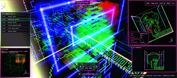 A complex 3D simulation interface displaying a building blueprint with neon green, blue, and pink lighting, surrounded by various data panels and a 'POST VIEW' button.