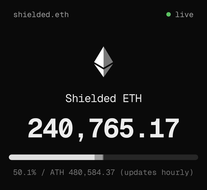 The image shows a screenshot of a website called "shielded.eth", which appears to be related to cryptocurrency or blockchain technology. The main focus of the image is a progress bar, displaying the number of blocks processed (240,735,857) and the time remaining for the update (2 hours).